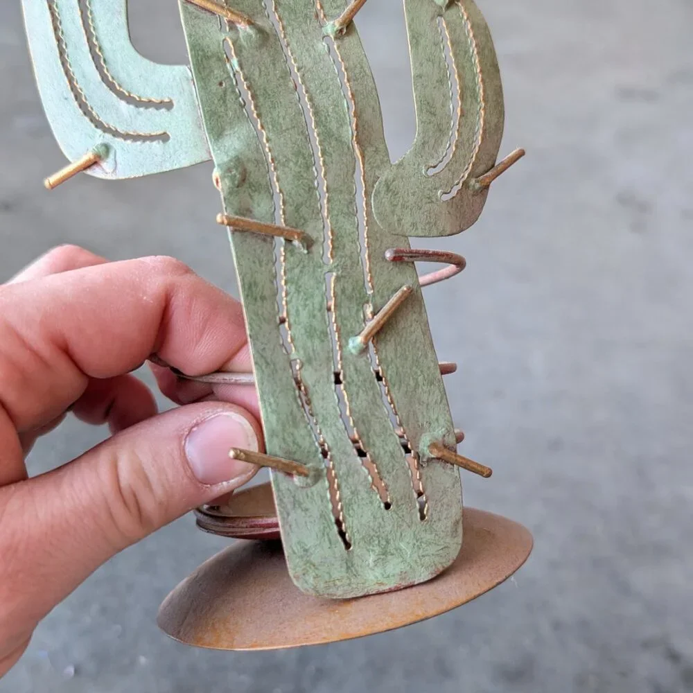Green Cactus and Yellow Sun Metal Candle Holder Southwest Home Decor